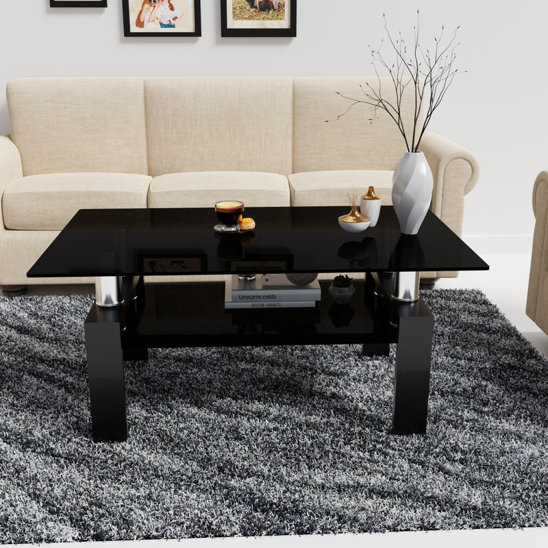 Wrought Studio Black Glass Coffee Table Set Modern 2 Piece Living Room Furniture Ensemble with Large Storage Wayfair